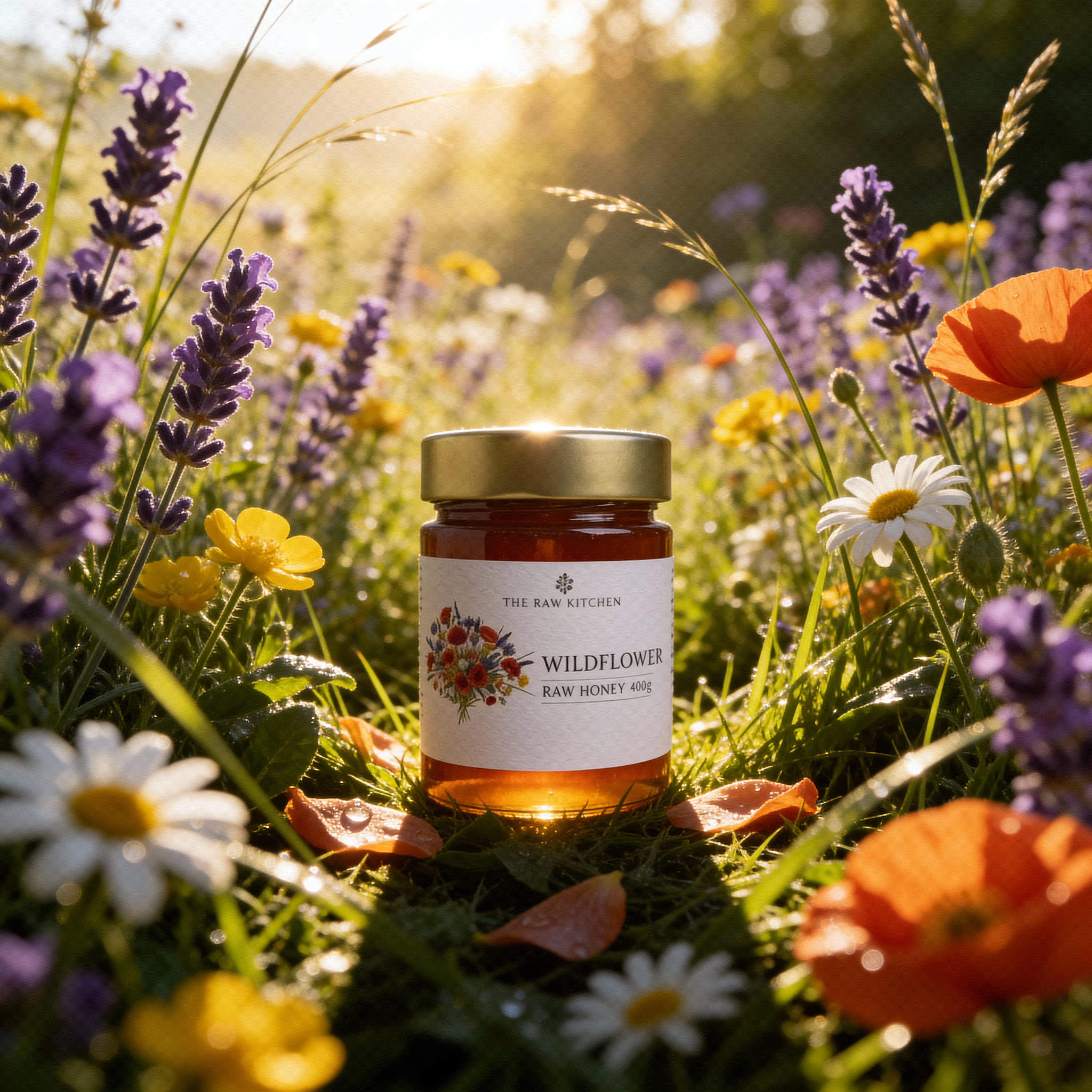 Jar of Wildflower Raw Honey surrounded by wildflowers in a field