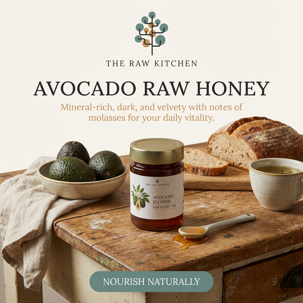 Avocado raw honey jar on a wooden table with bread and tea, branded 'The Raw Kitchen'.