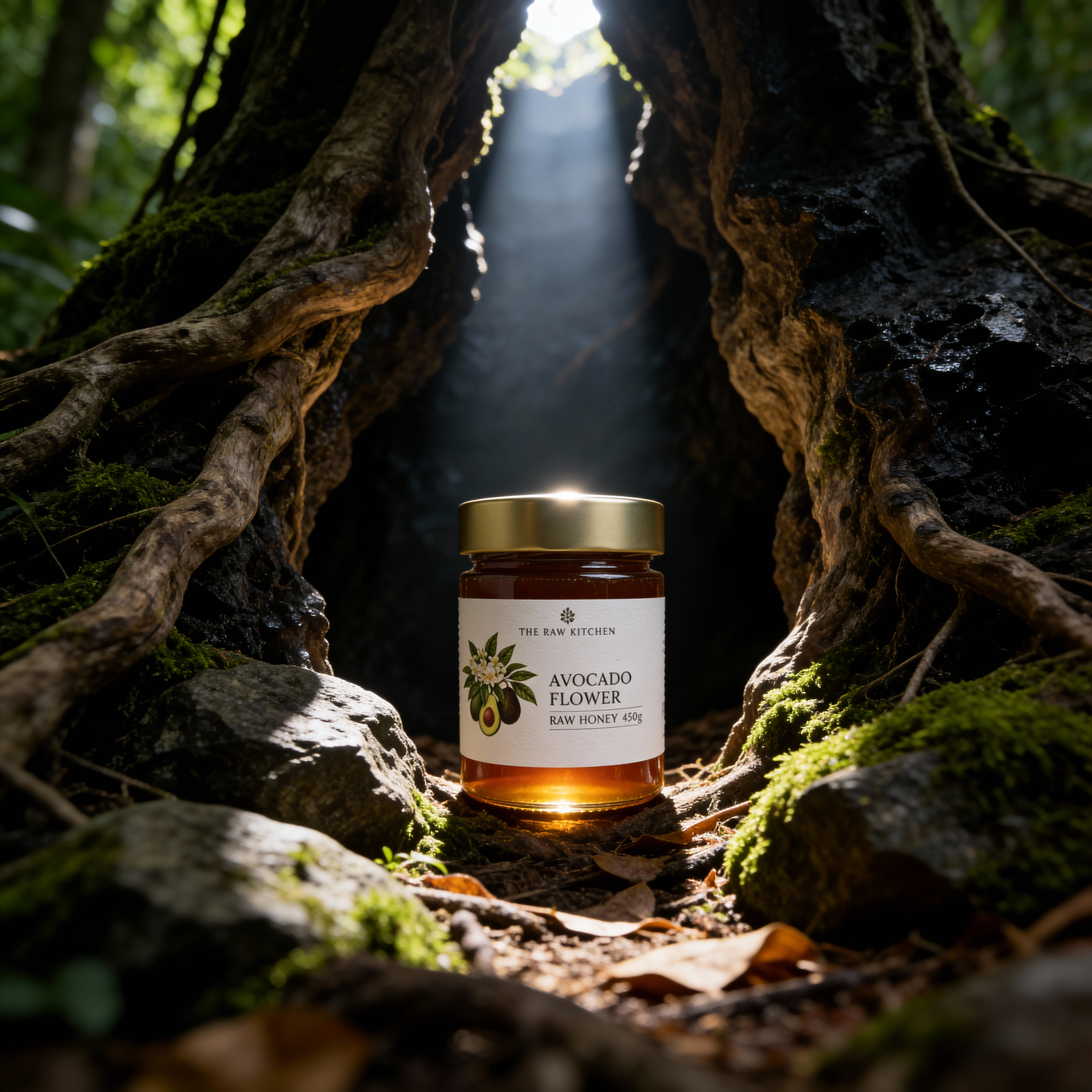 Jar of avocado flower product in a natural setting with sunlight filtering through