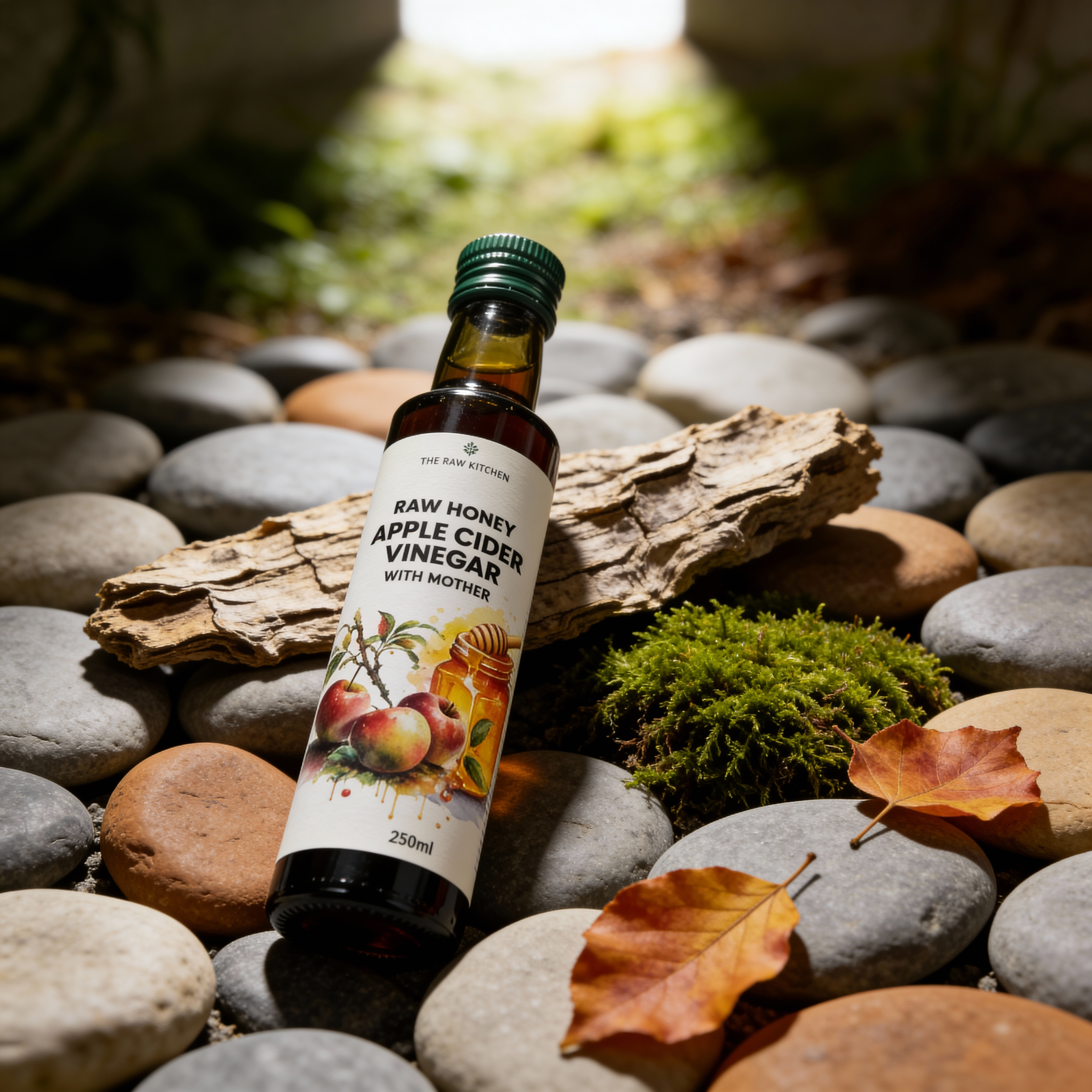 Bottle of raw honey apple cider vinegar with mother on a stone surface with natural elements.
