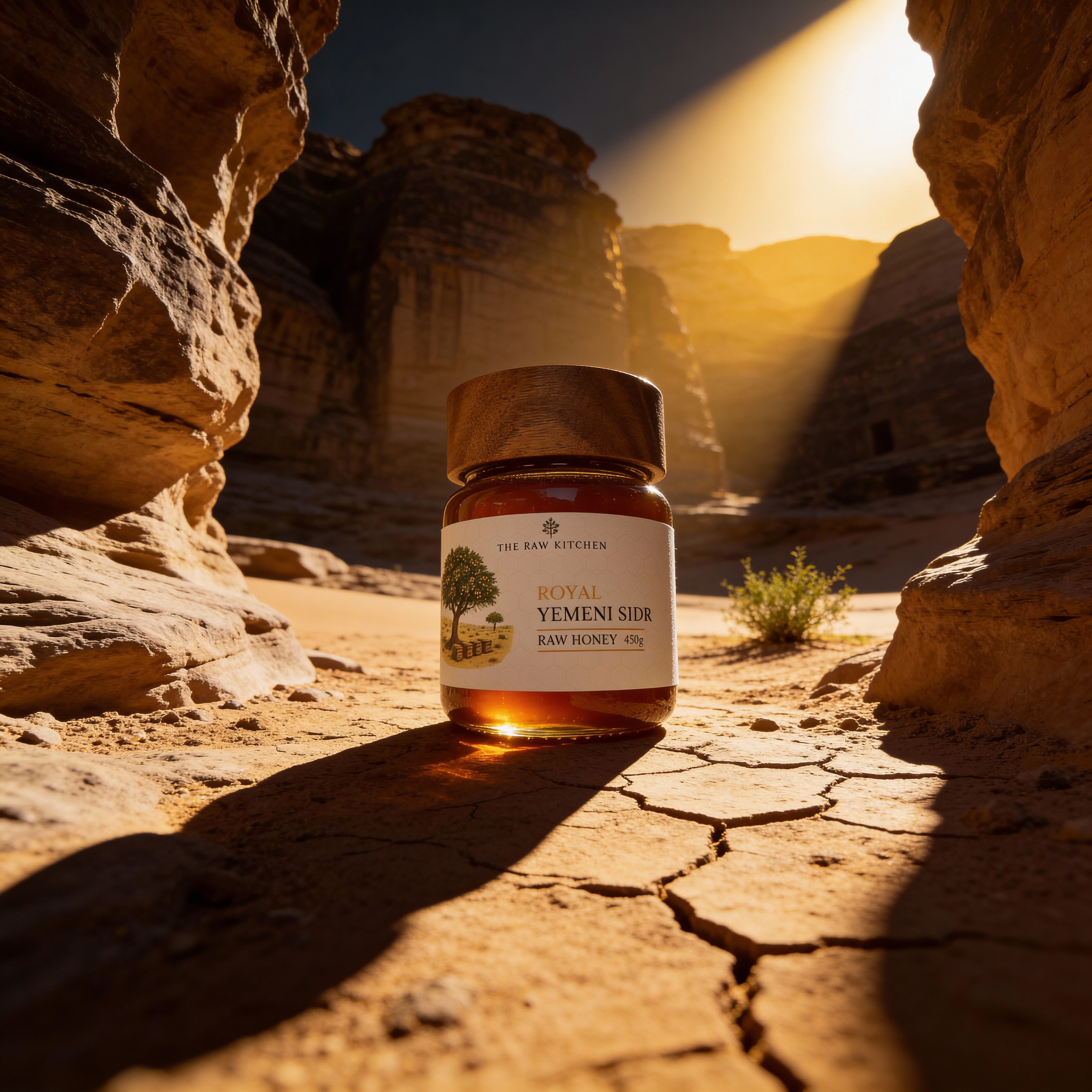 Bottle of Royal Yemeni Suhur Raw Honey in a desert setting with sunlight filtering through rock formations.