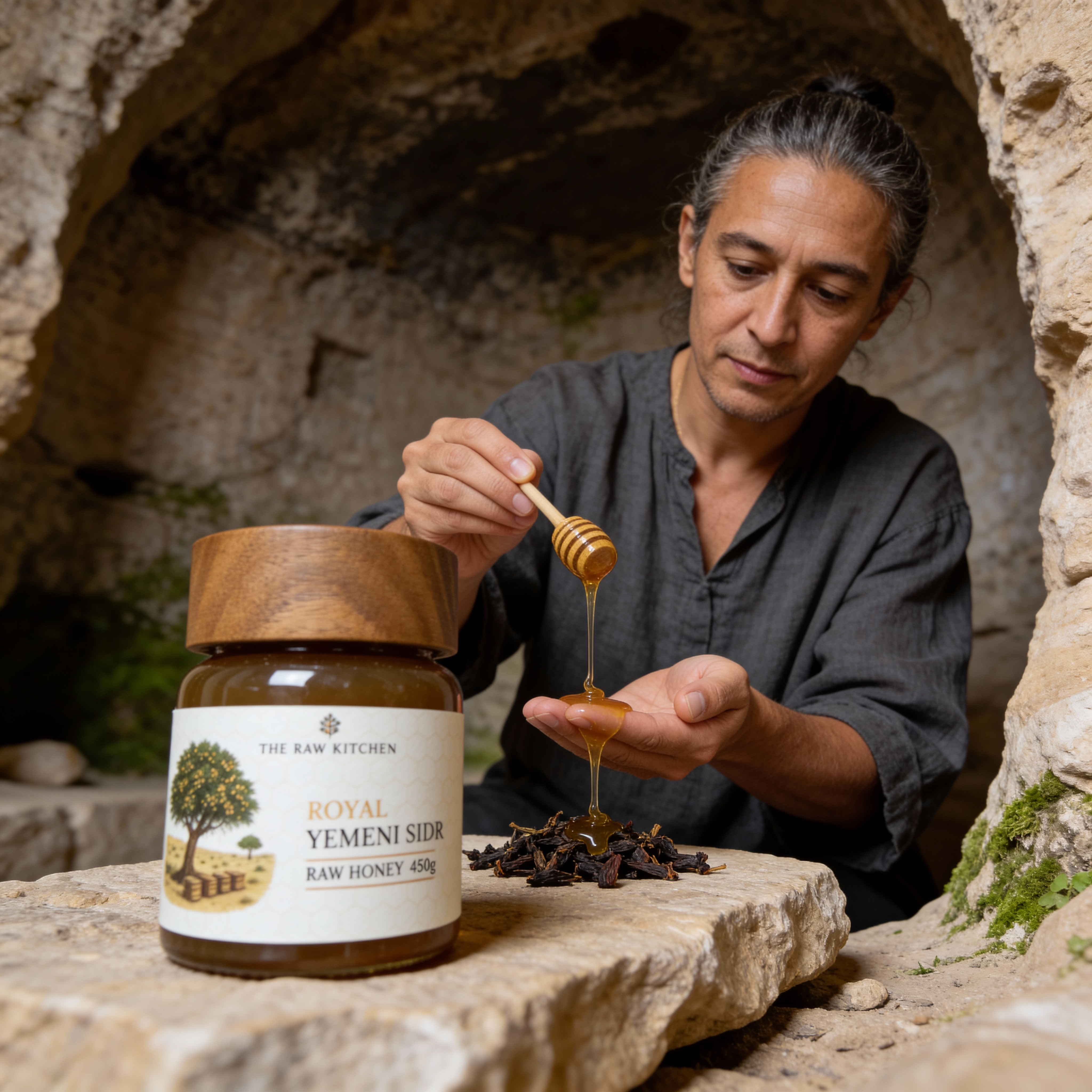 Person pouring honey from a jar labeled 'Royal Yemeni Sidr' into their hand, set against a natural stone background.