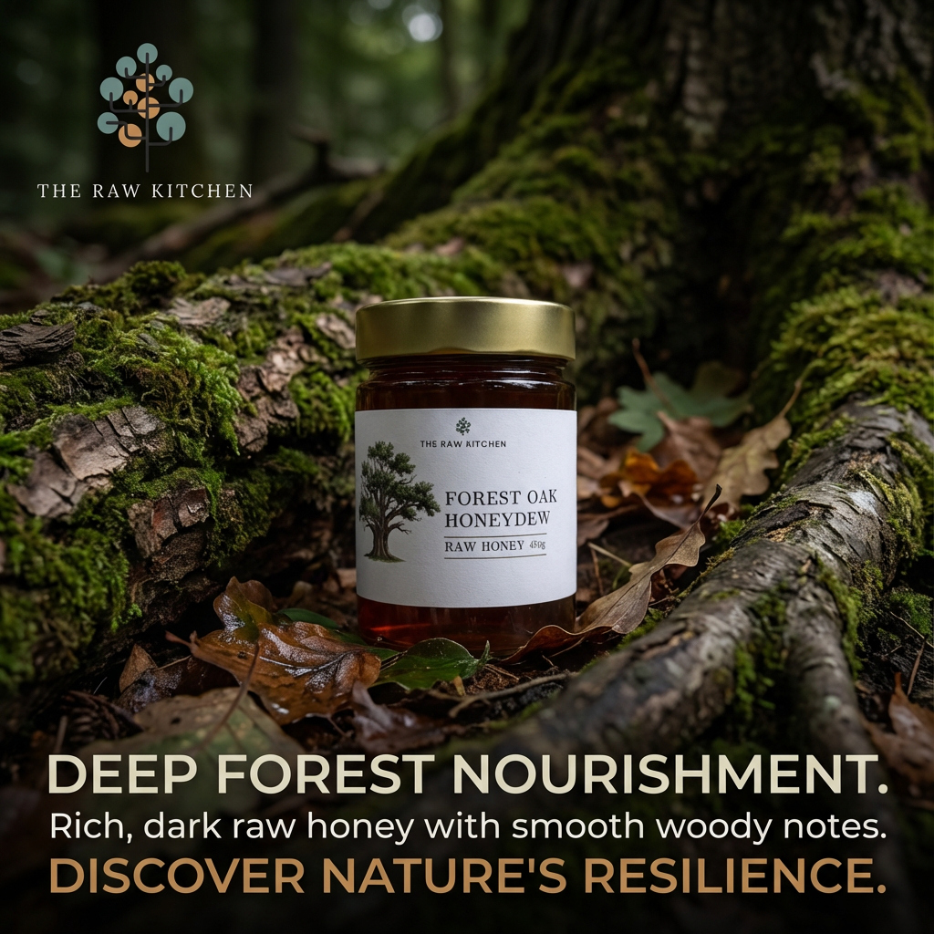 Jar of Forest Oak Honeydew raw honey on a mossy log with text about nature's resilience.