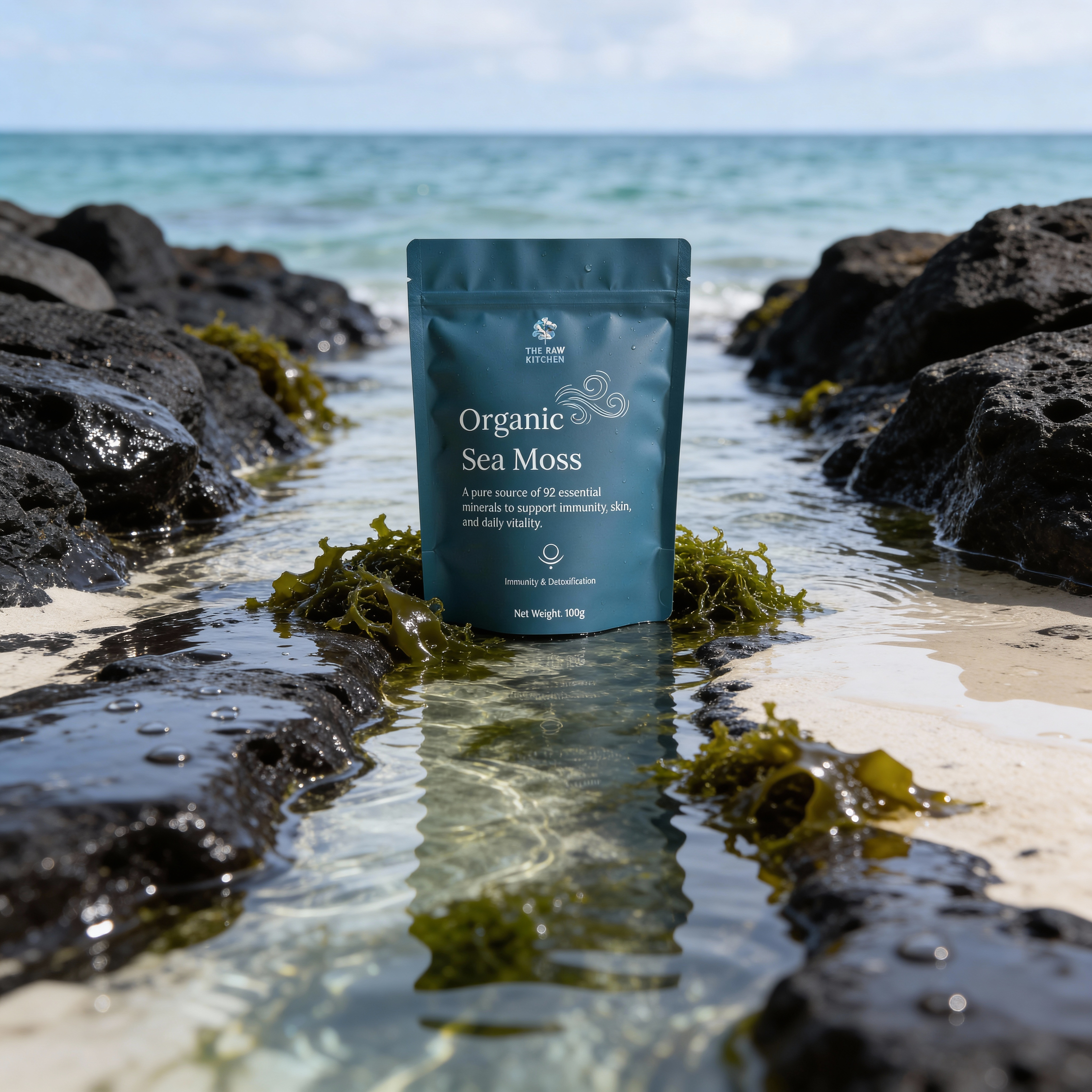 Package of Organic Sea Moss on a rocky beach with ocean in the background