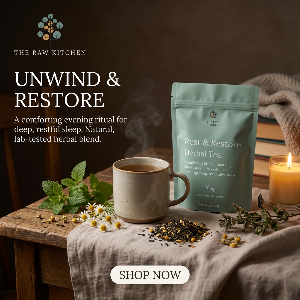 a vup with tea on a table with a packet of rest and restore tea next to it