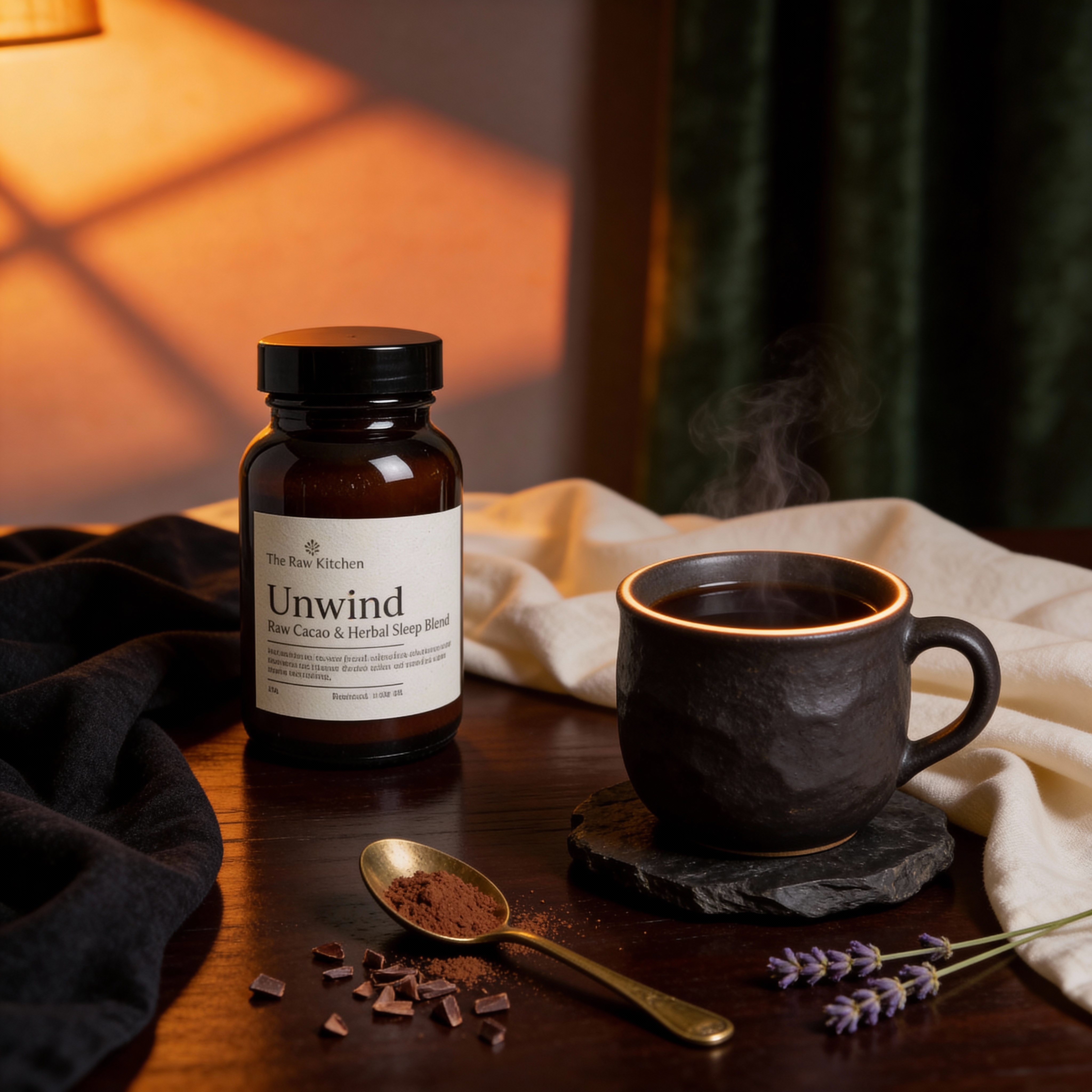 a jar of cacao sleep blend stanind next to a cup of hot chocolate on a wooden table