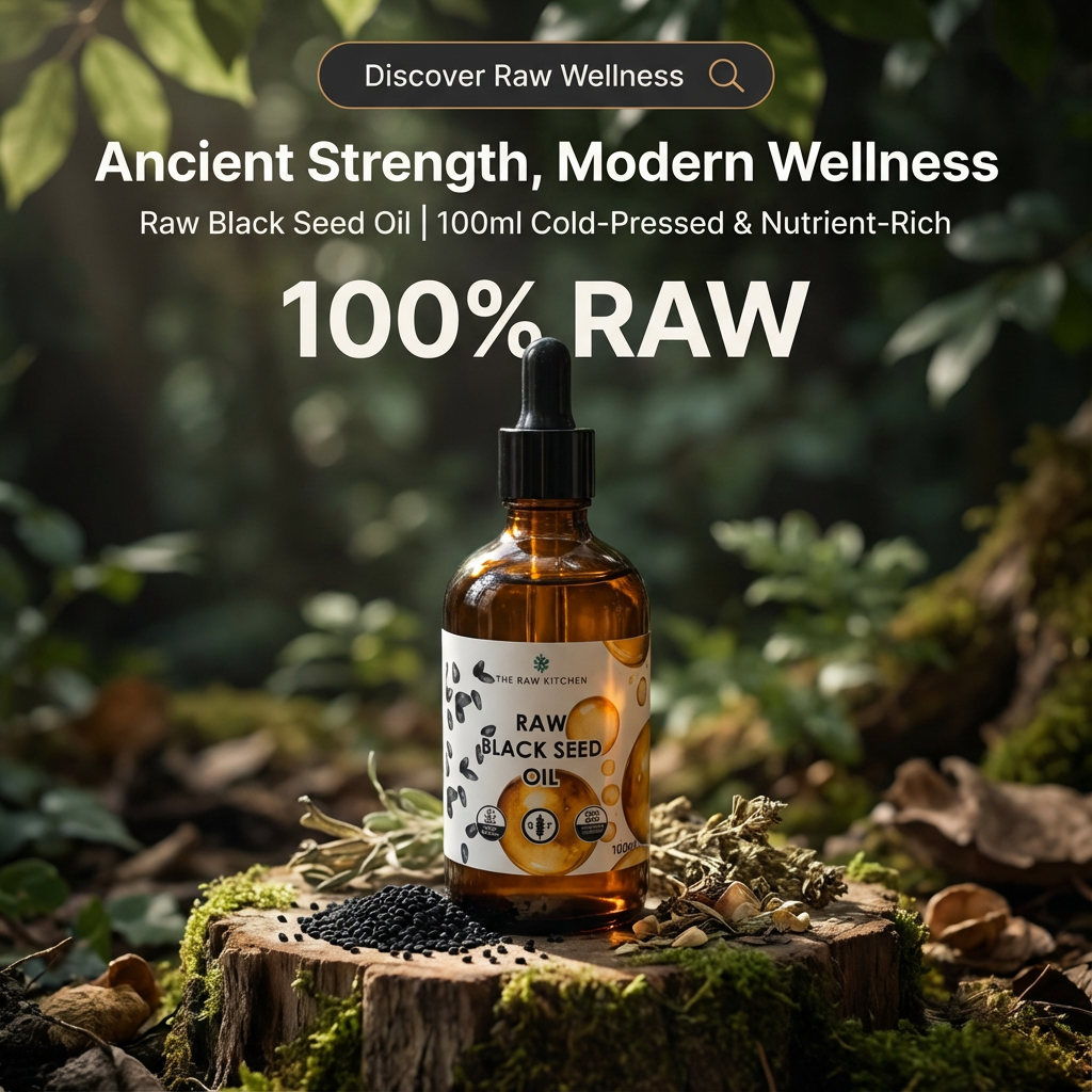 Bottle of raw black seed oil on a wooden stump with green foliage in the background