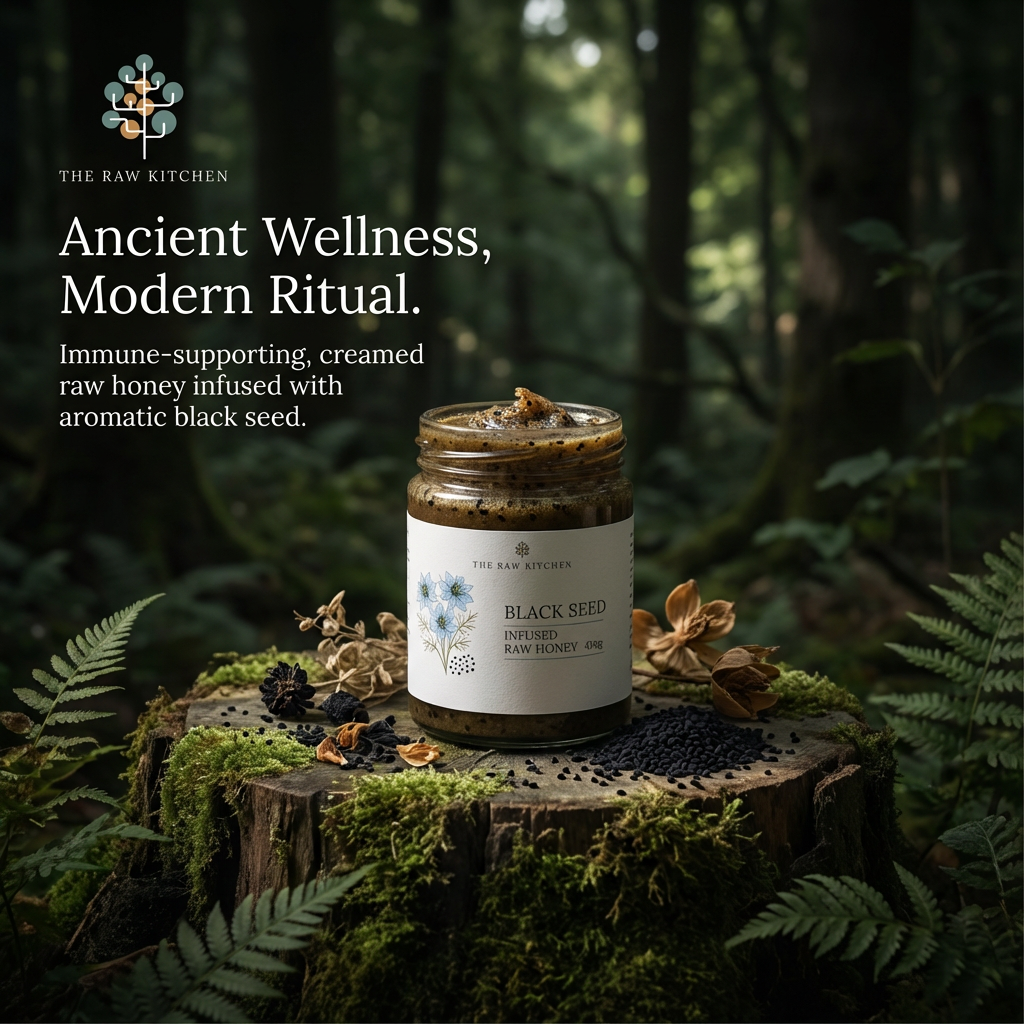 Jar of black seed-infused raw honey on a wooden stump with forest background