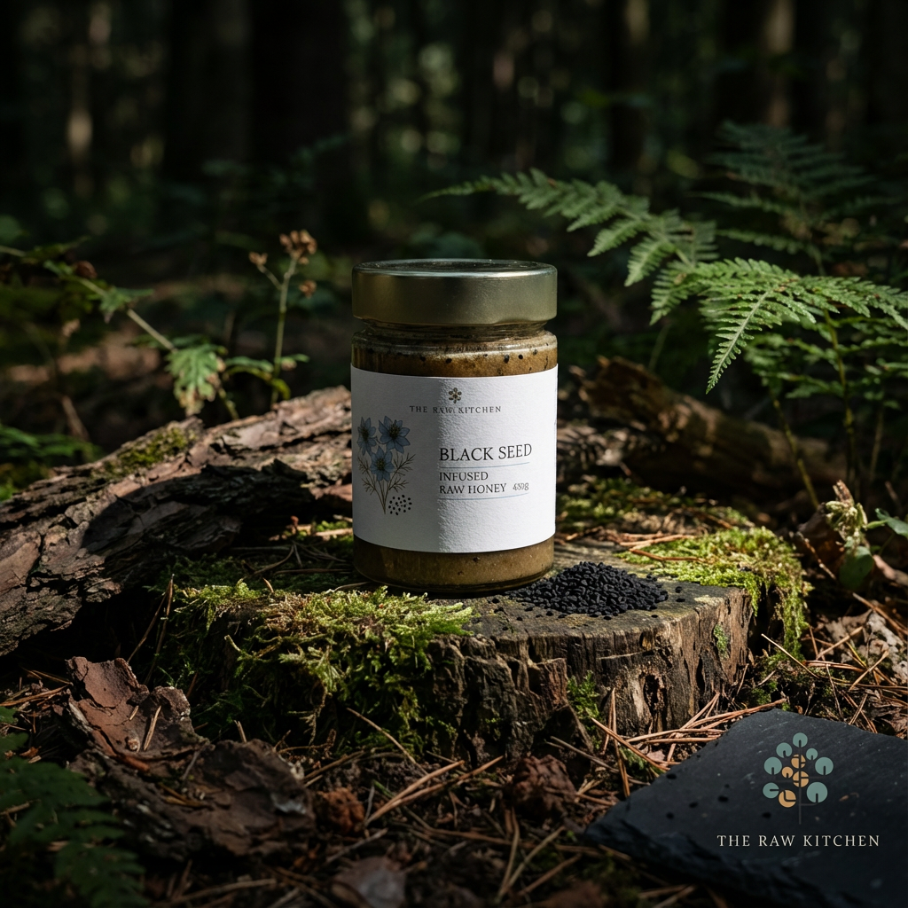 Jar of black seed product on a wooden stump in a forest setting with 'The Raw Kitchen' branding.