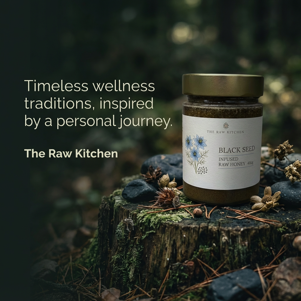 Jar of 'Black Seed Infused Raw Honey' from The Raw Kitchen on a natural background with text about wellness traditions.