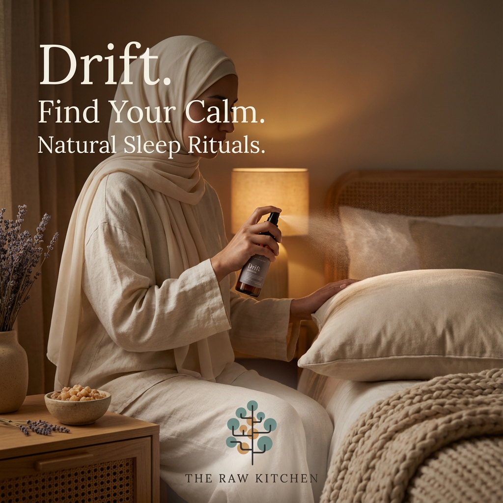 a woman spraying drift pillow mist onto her pillow