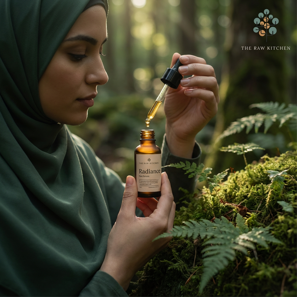 Woman in a hijab holding a bottle labeled 'Radiance' with a dropper in a forest setting.