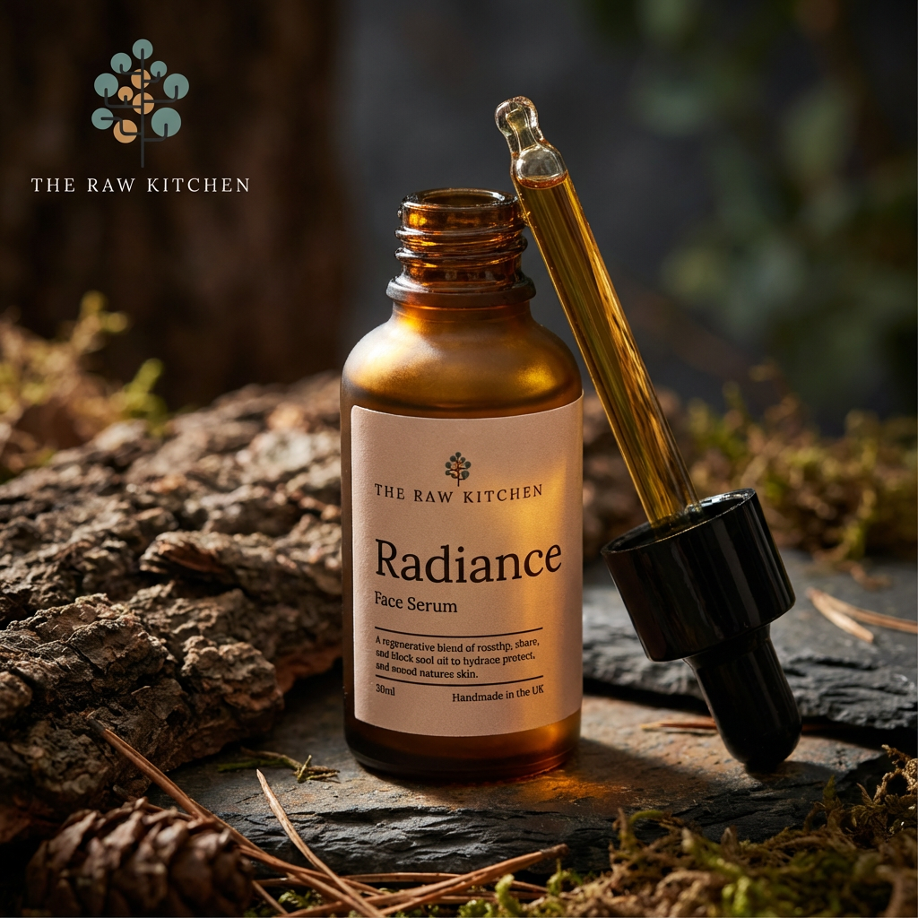 Radiance face serum bottle with dropper on a natural background, featuring 'The Raw Kitchen' brand.