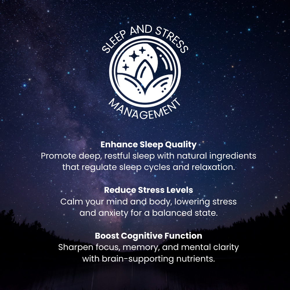 An infographic on The Raw Kitchen UK's Sleep & Stress Management pillar, highlighting benefits like enhancing sleep quality and reducing stress naturally.