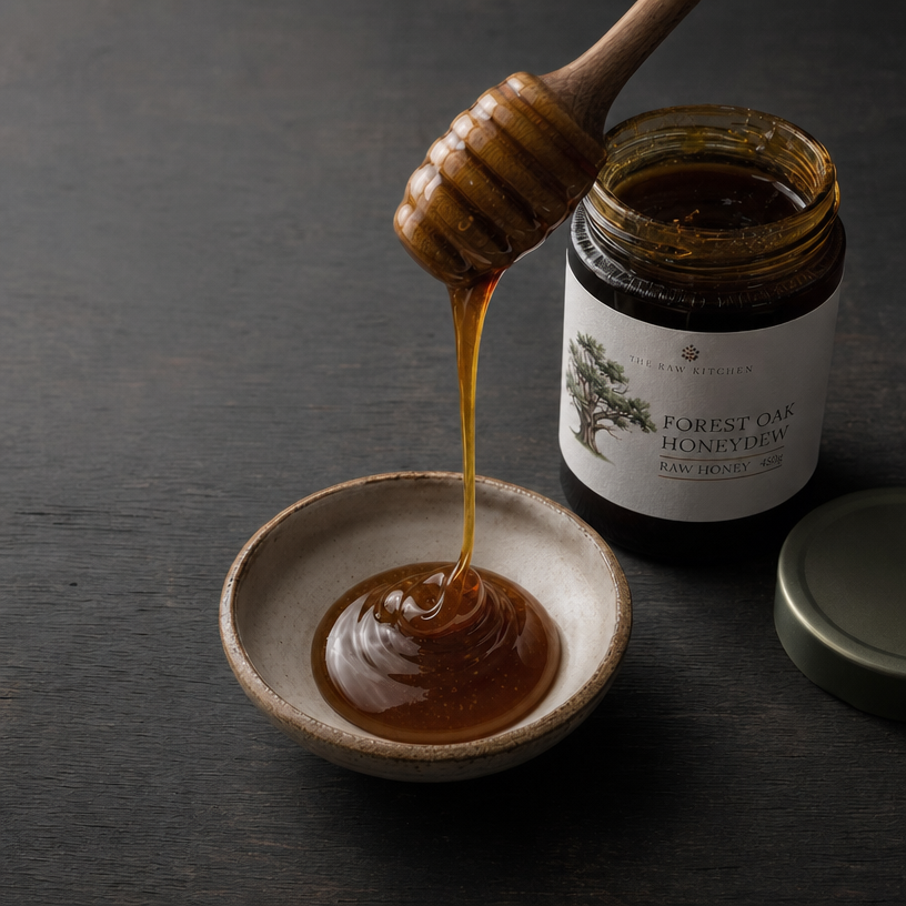 A jar of Forest Oak Honeydew raw honey sits open on a dark surface, with honey dripping from a wooden honey dipper into a small ceramic bowl. The lid rests beside the jar.
