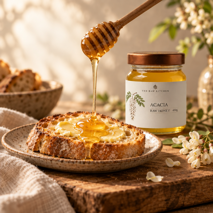 A jar of Acacia Raw Honey from The Raw Kitchen sits on a rustic wooden board next to a plate of honeyed bread, with a wooden honey dipper pouring golden honey into the foreground.
