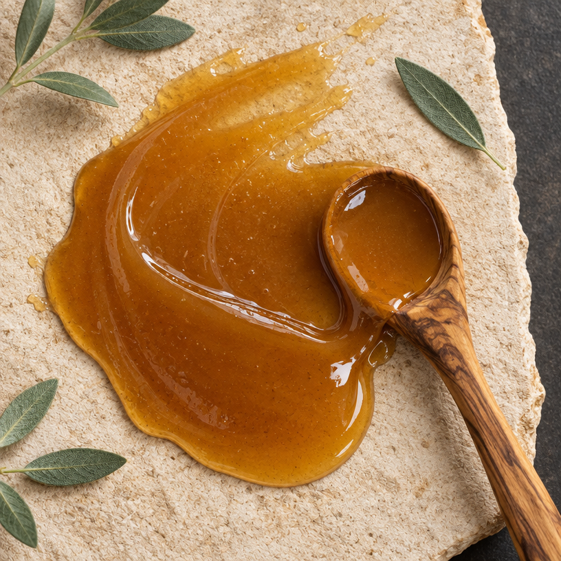 A glossy pool of golden honey spread across a textured stone surface, with a wooden spoon resting in it and a few olive leaves around the edges.