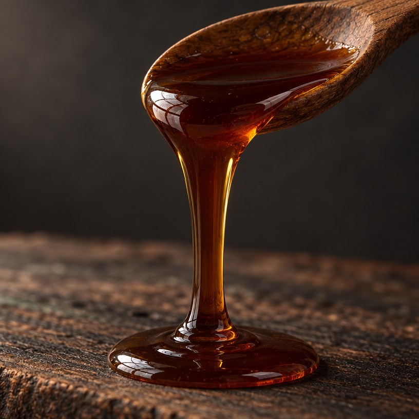 Amber avocado raw honey dripping from a wooden spoon
