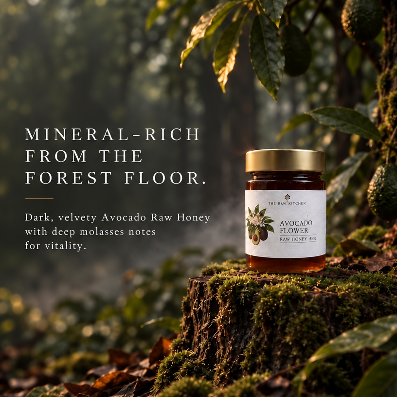 Avocado raw honey jar with gold lid on a wooden stump