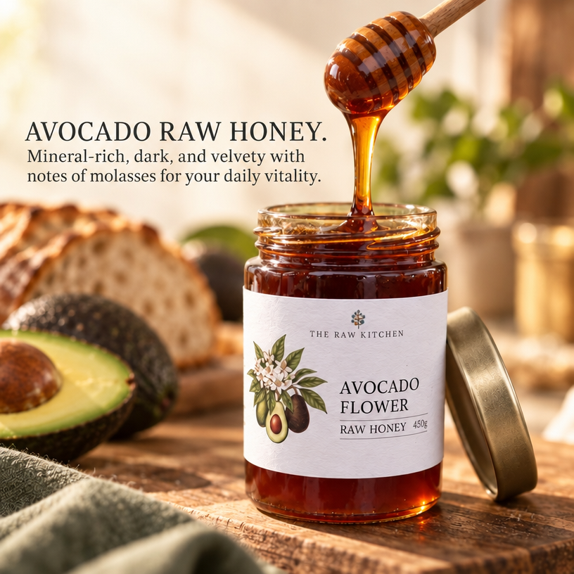 Avocado raw honey jar with honey drizzled from a wooden spoon