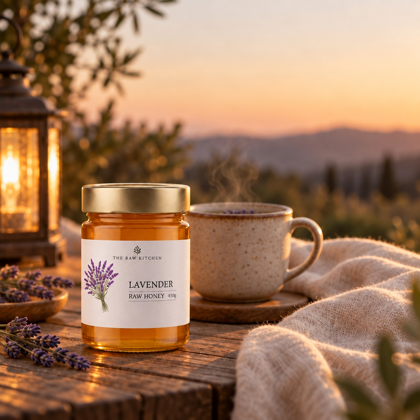 Lavender raw honey jar with gold lid on wooden table beside ceramic mug