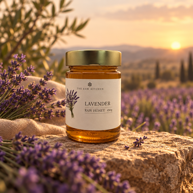Lavender raw honey jar with gold lid, amber bottle and lavender-flower label