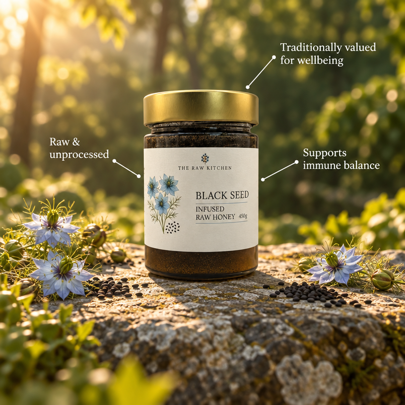 Black seed infused raw honey jar with gold lid and cream label, filled with dark honey