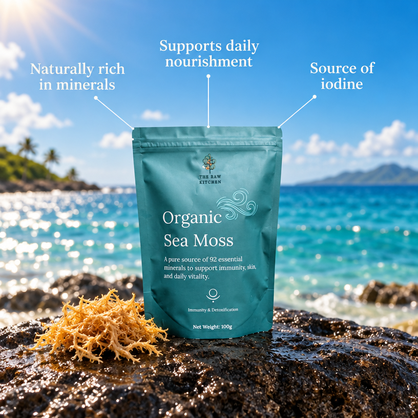 Teal organic sea moss pouch, sealed, with sea moss strands on rocks