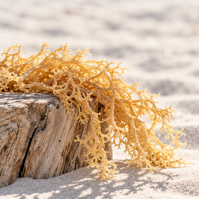 Dried sea moss fronds, tan, spread over weathered wood