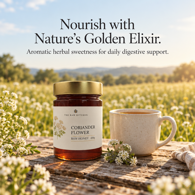Coriander flower raw honey jar with gold lid and label, plus ceramic mug.