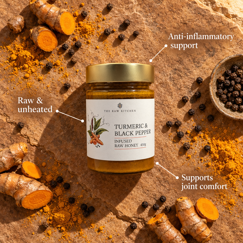 Infused honey jar with gold lid surrounded by ginger slices and peppercorns