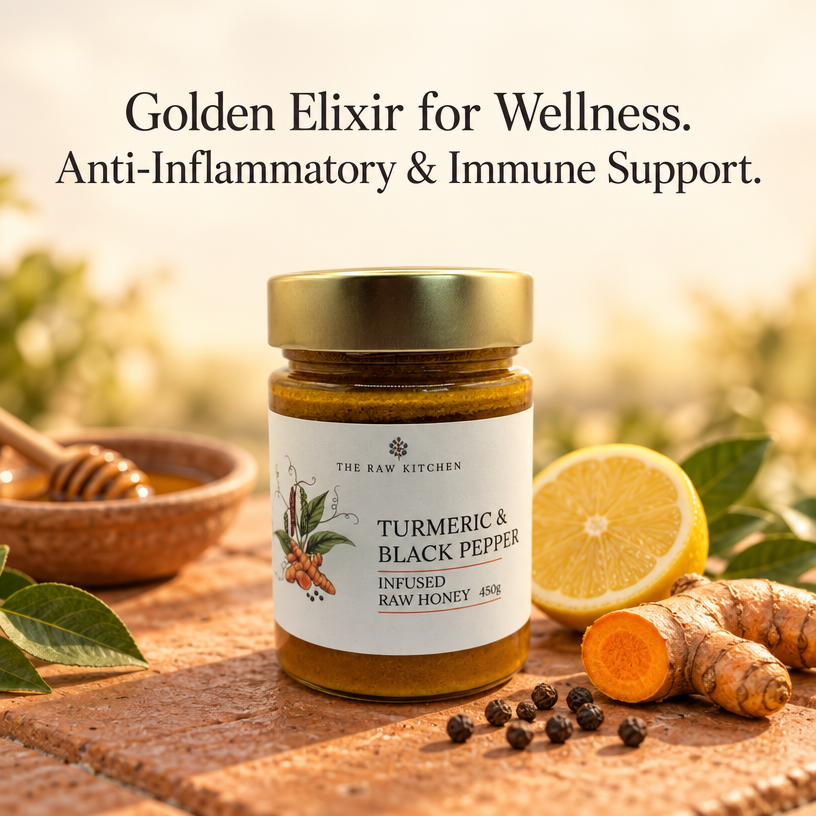 Infused raw honey jar with gold lid, turmeric & black pepper, on stone surface