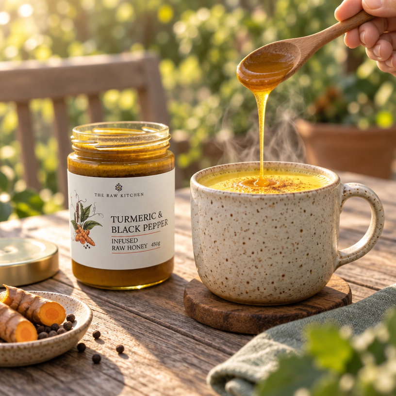Turmeric & black pepper honey poured from spoon into a speckled mug, jar nearby