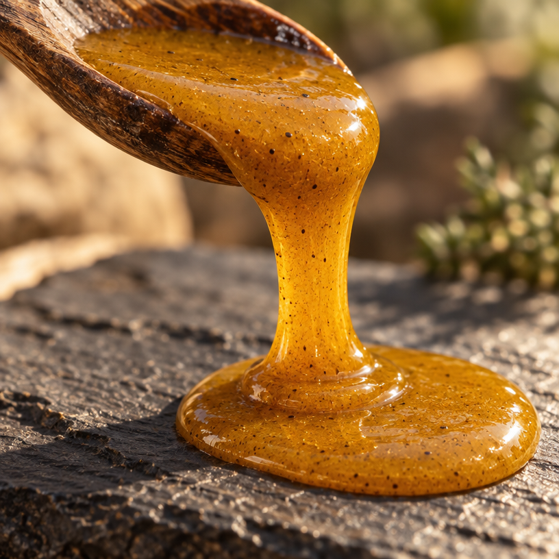 Golden honey stream dripping from wooden spoon onto dark stone