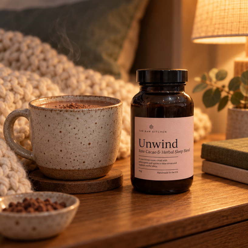 A bottle of The Raw Kitchen Unwind Raw Cacao & Herbal Sleep Blend next to a ceramic mug of hot cocoa on a wooden table in a cozy, warmly lit bedroom setting.