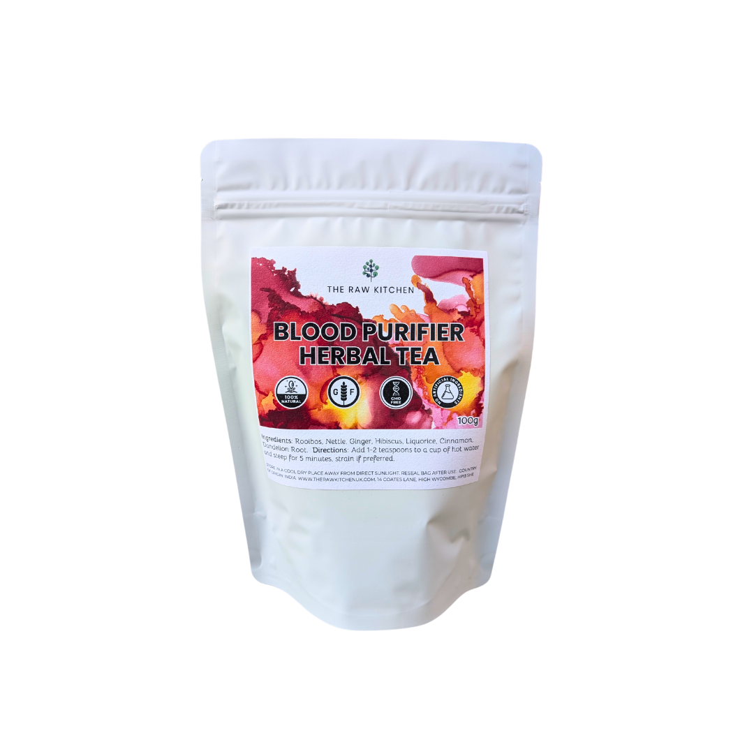 A 100g pouch of Blood Purifier Herbal Tea - The Raw Kitchen UK.