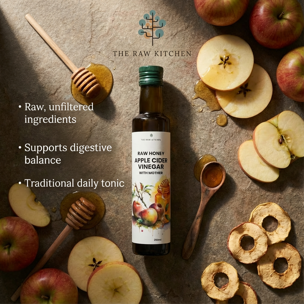 Bottle of raw honey apple cider vinegar with mother surrounded by apples and honey on a textured surface, featuring 'The Raw Kitchen' brand.