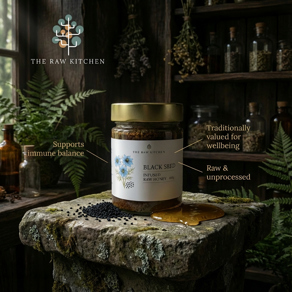 Jar of black seed-infused raw honey on a stone surface with plants and bottles in the background, labeled 'The Raw Kitchen'.