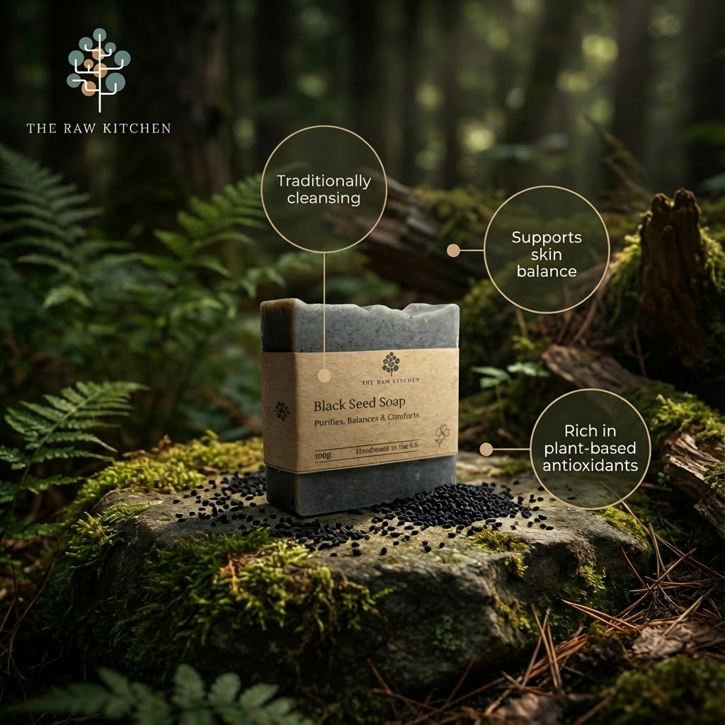 Black seed soap bar on a rock with greenery in the background, featuring The Raw Kitchen branding.