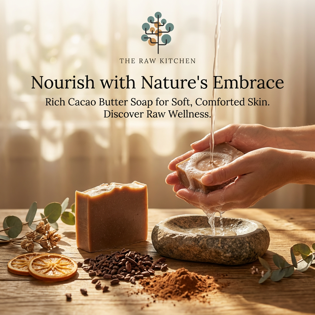 a bar of cacao soap in a womans hands with water being poured over it.