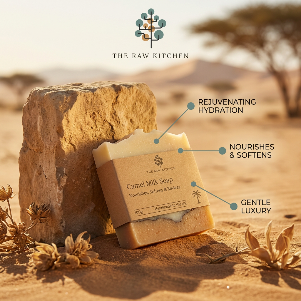 Bar of Camel Milk Soap from The Raw Kitchen on a sandy background with desert scenery.