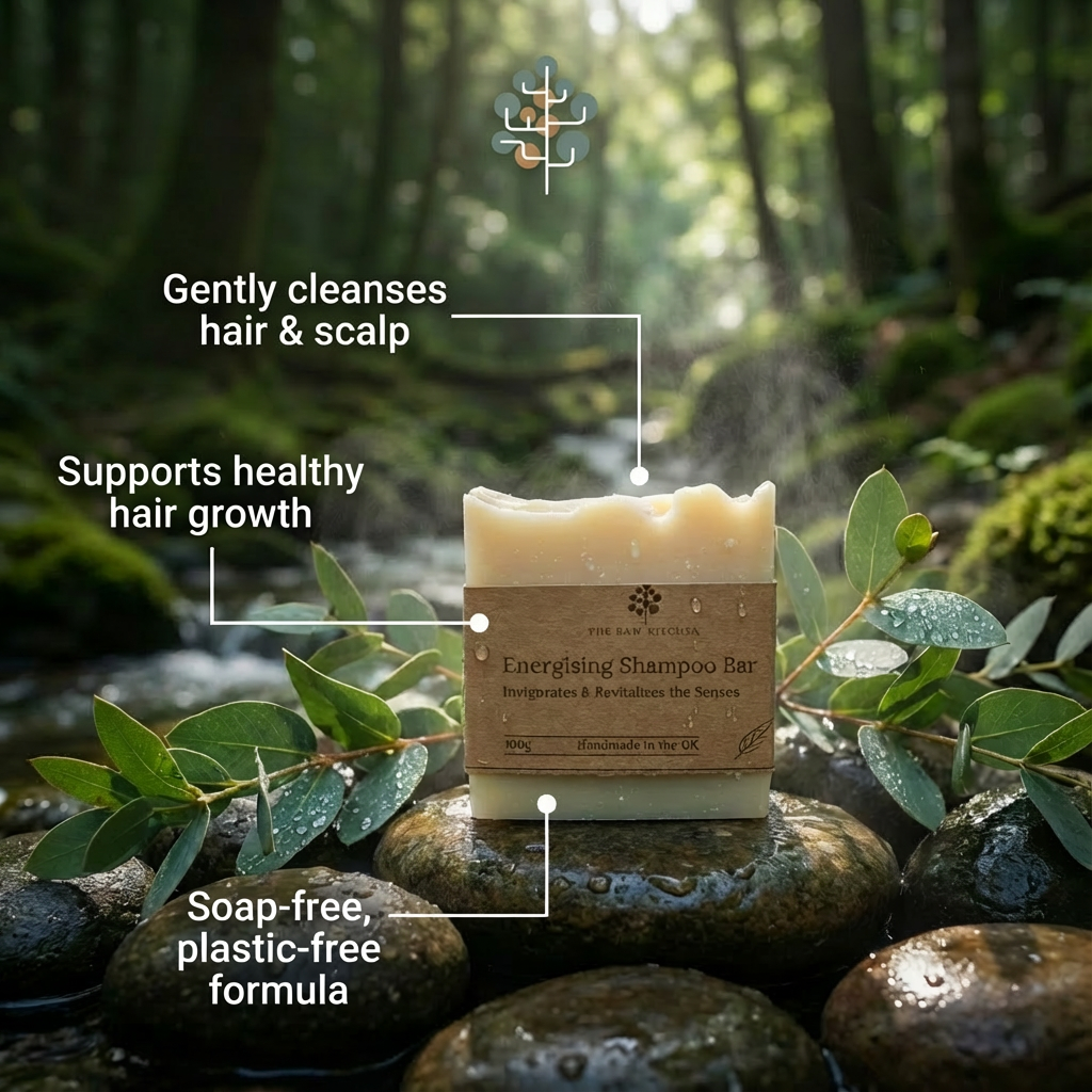 Bar of soap on rocks with greenery, labeled for hair care benefits in a forest setting.