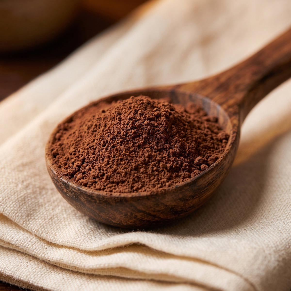 Wooden spoon filled with raw cacao herbal sleep blend powder