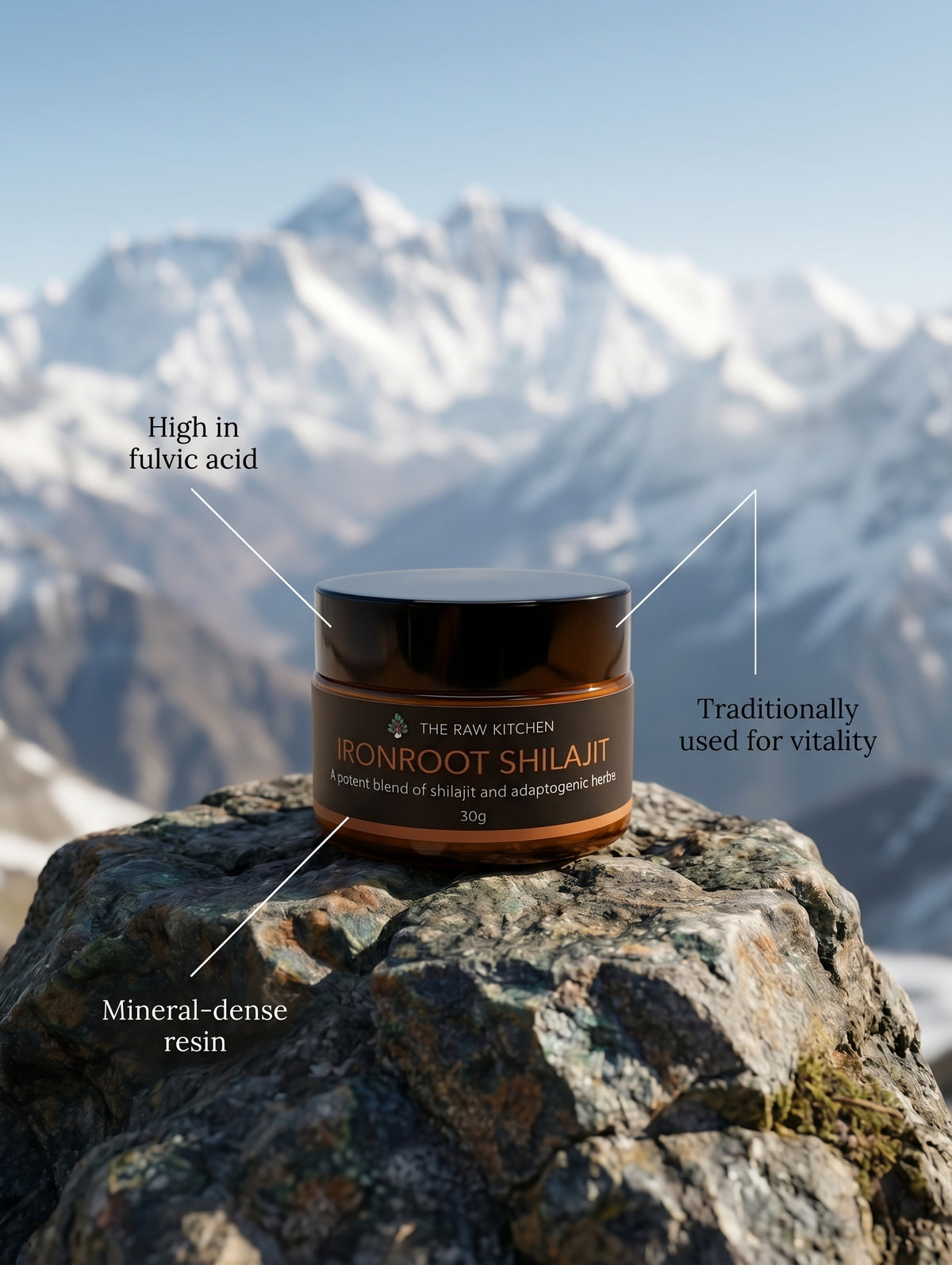 Ironroot Shilajit resin jar with black lid on stone