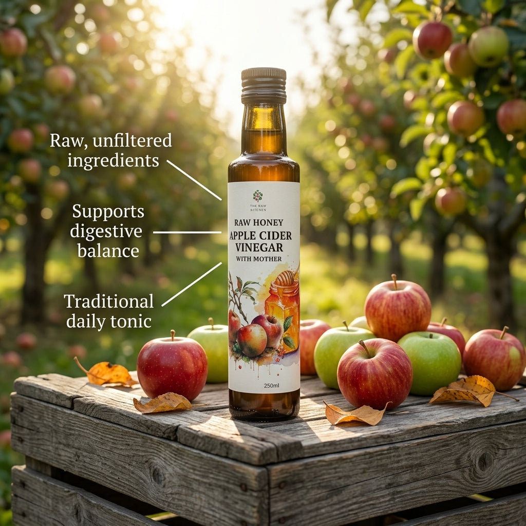 Bottle of raw honey apple cider vinegar with amber liquid, 250 ml glass bottle