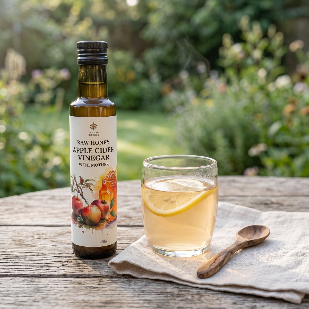 Raw honey apple cider vinegar bottle with glass of amber drink and wooden spoon