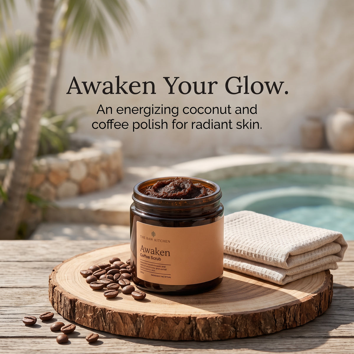 Awaken coconut sugar and coffee scrub jar on a wooden tray