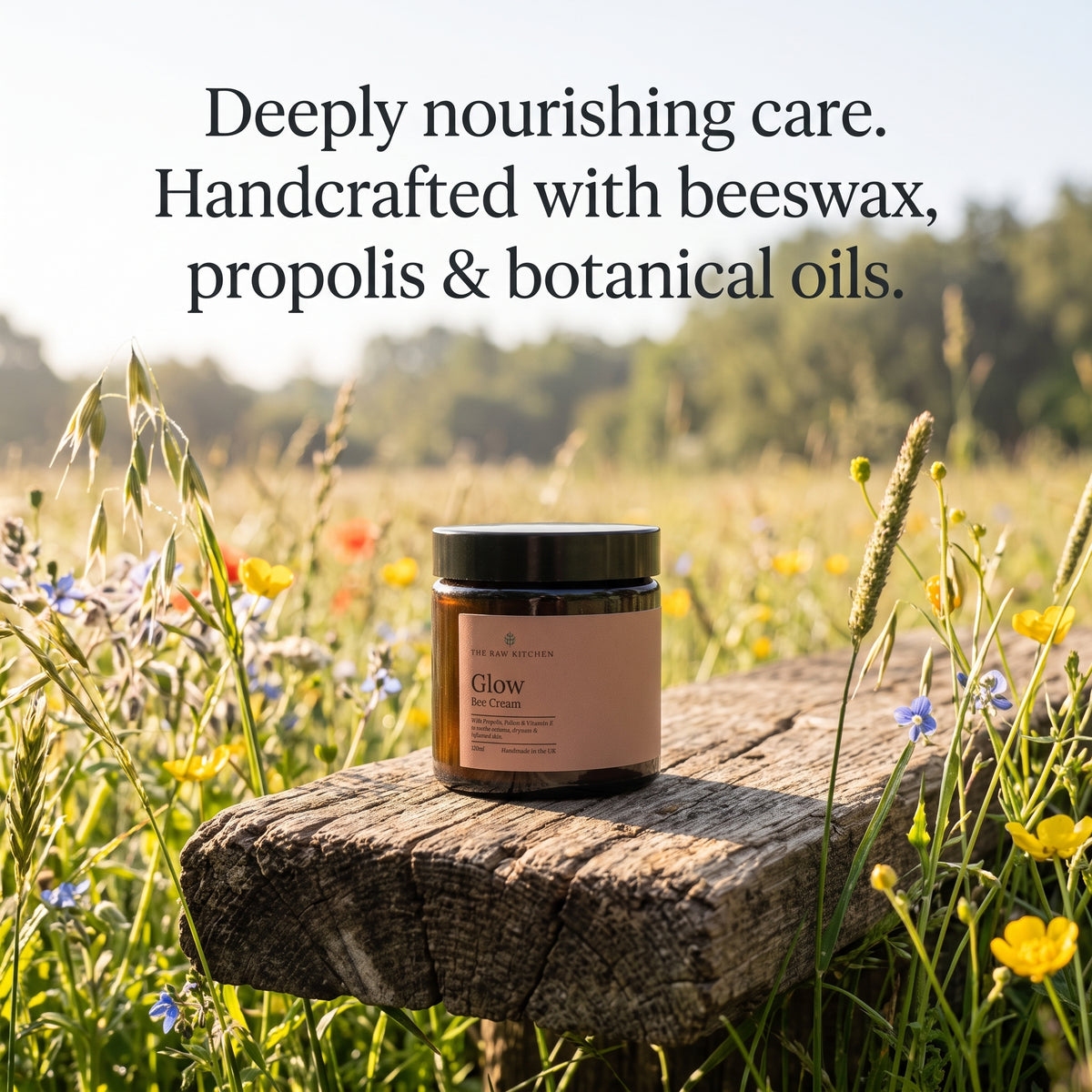 Glow bee cream jar with black lid and amber label