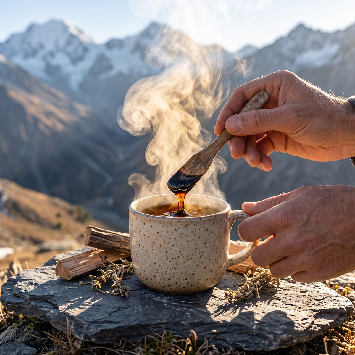 Ironroot Shilajit resin being poured into hot cup outdoors
