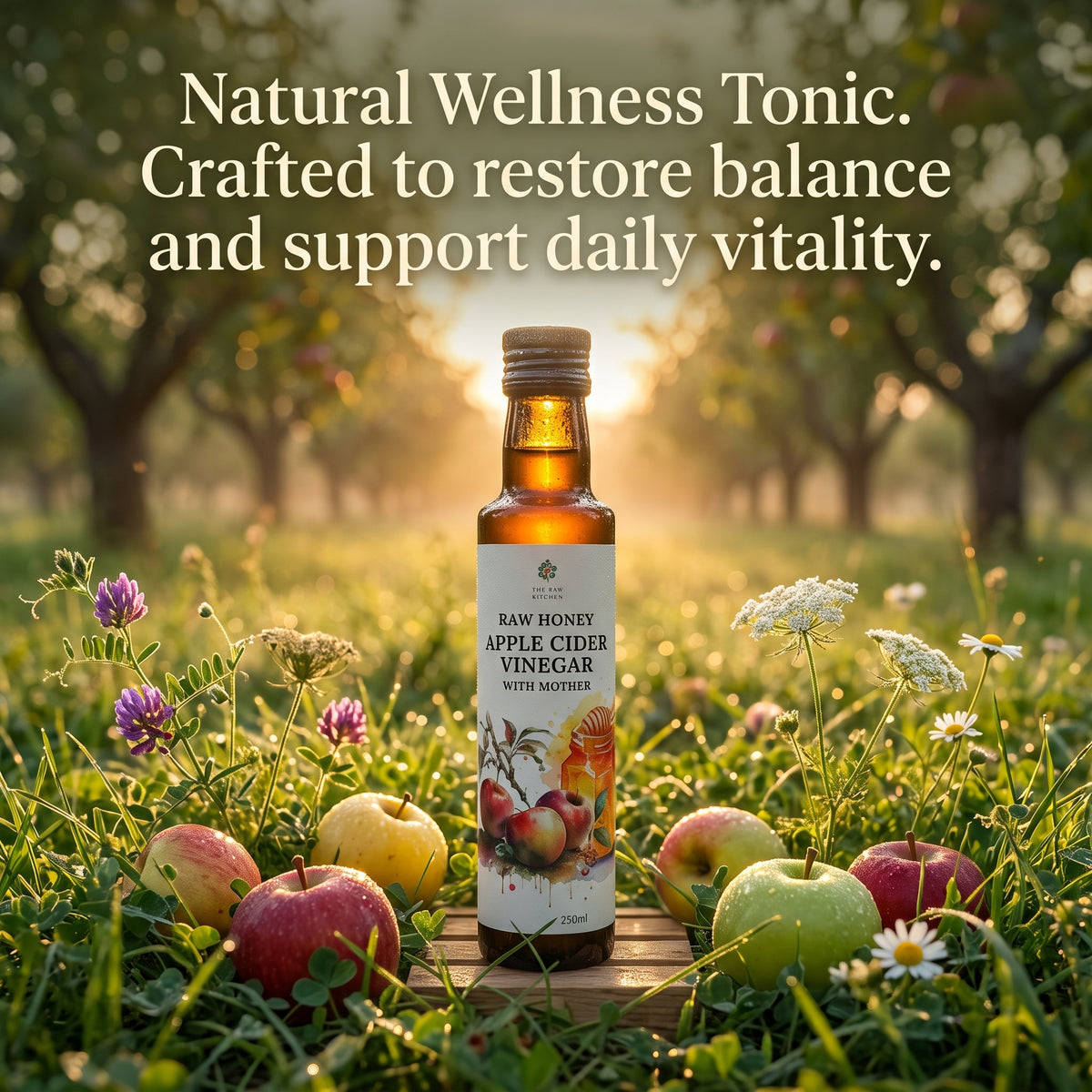 Glass bottle of raw honey apple cider vinegar among apples and wildflowers